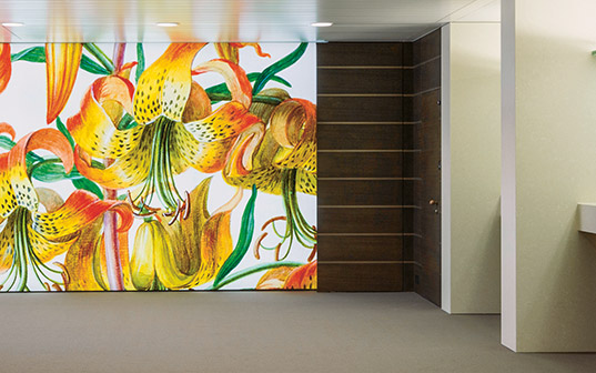 Flower motifs which were included in the design of the LGT counter hall in Vaduz.